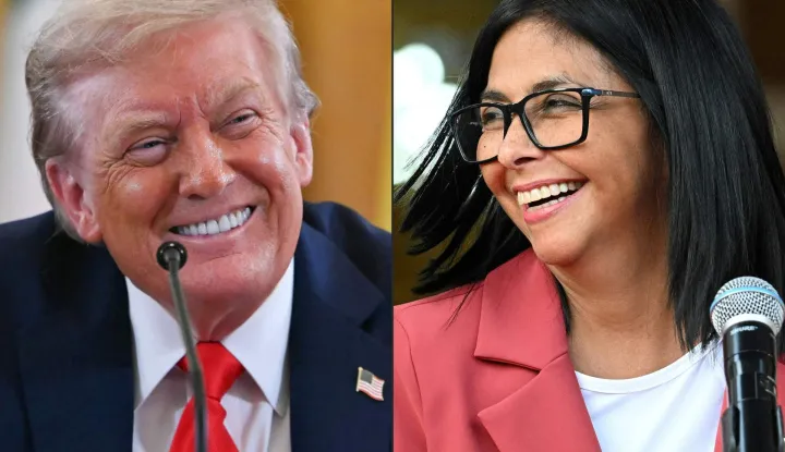 (FILES) (COMBO) This combination of pictures created on March 05, 2026 shows US President Donald Trump smiling during a meeting with Ukrainian President Volodymyr Zelensky and European leaders in the East Room of the White House in Washington, DC, on August 18, 2025, and Venezuela's interim president, Delcy Rodriguez smiling alongside US Interior Secretary Doug Burgum (out of frame), after their meeting at the Miraflores Presidential Palace in Caracas on March 4, 2026. The United States lifted sanctions on Venezuelan interim President Delcy Rodriguez on April 1, 2026, who took power after Washington ousted her predecessor Nicolas Maduro in a military operation. Rodriguez's name was deleted from the US "Specially Designated Nationals List" according to a post on the US Treasury's Office of Foreign Assets Control website. (Photo by ANDREW CABALLERO-REYNOLDS and Federico PARRA/AFP)