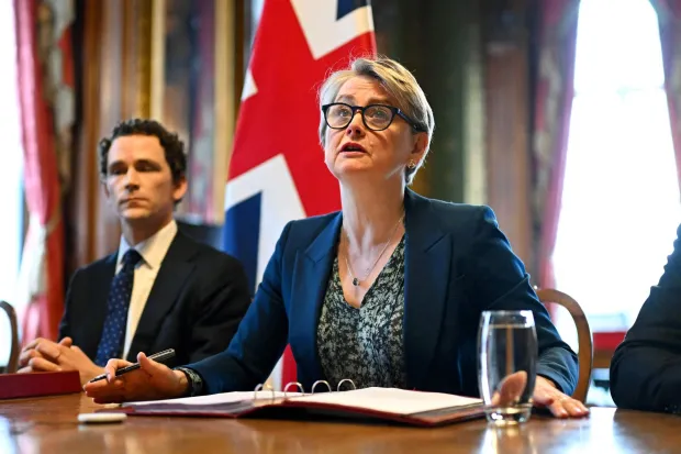 Britain's Foreign Secretary Yvette Cooper speaks during a virtual summit at the Foreign & Commonwealth Office in London on April 2, 2026. British Foreign Minister Yvette Cooper stressed on April 2, the "urgent need" to reopen the Strait of Hormuz as she convened a meeting of more than 40 countries on the vital shipping route. (Photo by Leon Neal/POOL/AFP)