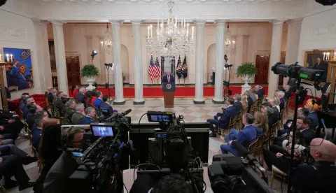 United States President Donald J Trump addresses the nation to give an update of the war against Iran from the Cross Hall of the White House in Washington, DC, USA, on Wednesday, April 1, 2026. Credit: Alex Brandon/Pool via CNP Photo via Newscom Photo: Alex Brandon - Pool via CNP/NEWSCOM