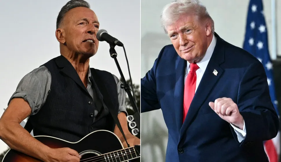 (COMBO) This combination of pictures created on April 02, 2026 shows L/R US musician Bruce Springsteen performing during a campaign rally for US Vice President and Democratic presidential candidate Kamala Harris at the James R Hallford Stadium in Clarkston, Georgia on October 24, 2024 and US President Donald Trump dancing after delivering remarks to members of the military and their families at Fort Bragg, North Carolina on February 13, 2026. US President Donald Trump invited his followers to 'boycott' classic rock icon Bruce Springsteen's concerts on April 2, 2026, months after the singer began publicly criticizing his brutal migrant crackdowns. "MAGA should boycott his overpriced concerts,' the President said in a post on his platform Truth Social, where he accused the singer of being a 'total loser' and suffering from an 'incurable case of Trump Derangement Syndrome." (Photo by Drew ANGERER and Mandel NGAN/AFP)