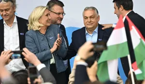 Hungarian Prime Minister Viktor Orban (2nd R) is flanked by Deputy Prime Minister of Italy Matteo Salvini (R), former leader of the French far-right National Rally party Marine Le Pen (2nd L), former Deputy Prime Minister of Latvia Ainars Slesers (3rd L) and Leader of the Party for Freedom Dutch Geert Wilders (L) during the 1st Patriotic Rally at the Millenaris Cultural Center in Budapest, Hungary, March 23, 2026, a key campaign event for the upcoming April elections. In the April 12, 2026 vote, Hungarian Prime Minister Viktor Orban is facing his toughest challenge since he returned to power in 2010, according to opinion polls, against a backdrop of a stagnating economy and growing discontent with public services, among other issues. (Photo by Attila KISBENEDEK/AFP)