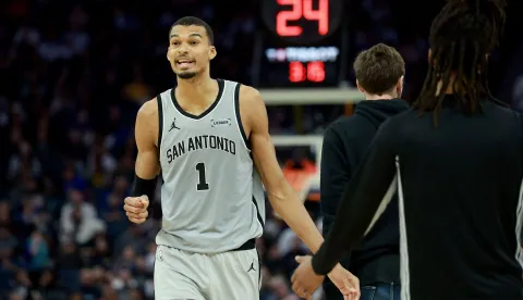 SAN FRANCISCO, CALIFORNIA - APRIL 01: Victor Wembanyama #1 of the San Antonio Spurs reacts during the second half of their game against the Golden State Warriors at Chase Center on April 01, 2026 in San Francisco, California. NOTE TO USER: User expressly acknowledges and agrees that, by downloading and or using this photograph, user is consenting to the terms and conditions of Getty Images License Agreement. Ezra Shaw/Getty Images/AFP (Photo by EZRA SHAW/GETTY IMAGES NORTH AMERICA/Getty Images via AFP)
