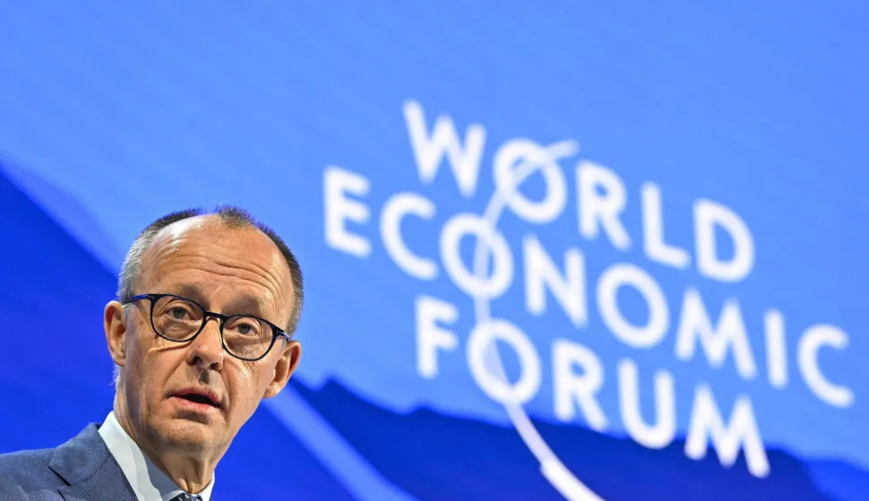 Germany's Chancellor Friedrich Merz delivers a special address during the World Economic Forum (WEF) annual meeting in Davos on January 22, 2026. The World Economic Forum takes place in Davos from January 19 to January 23, 2026. (Photo by Fabrice COFFRINI/AFP)