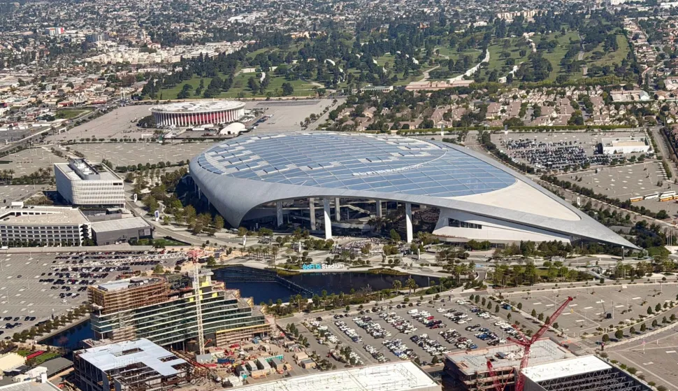 This aerial view shows the SoFi Stadium in Inglewood, California on March 11, 2026. (Photo by Daniel SLIM/AFP)