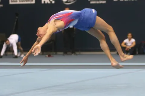 Osijek, 25.05.2019. - Sportska dvorana Gradski vrt - DOBRO Svjetski kup u gimnastici Osijek 2019., finale. Aurel Benovic u finalu vjezbe u parteru.Foto: Zeljko Sepic