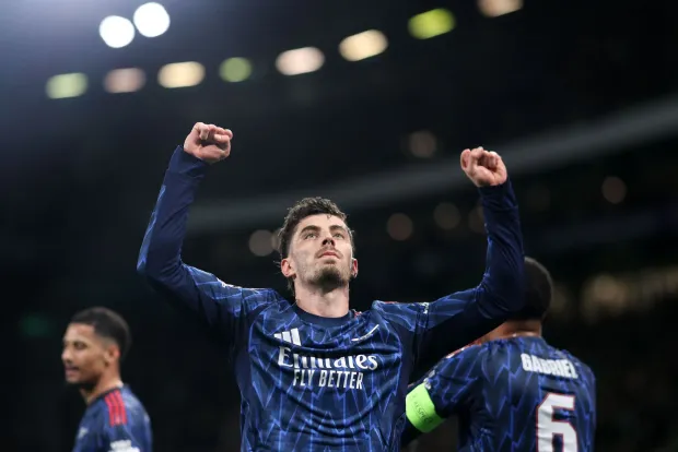 Arsenal's German midfielder #29 Kai Havertz celebrates after scoring during the UEFA Champions League quarter final first leg football match between Sporting CP and Arsenal at Jose Alvalade stadium in Lisbon on April 7, 2026. (Photo by PATRICIA DE MELO MOREIRA/AFP)