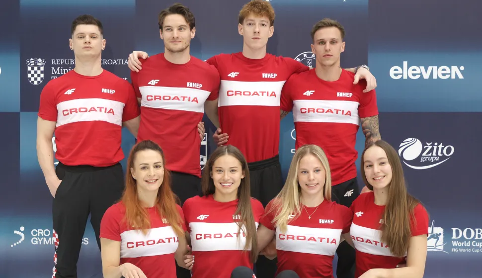 Osijek, 08. 04. 2026., Dvorana Gradski vrt, DOBRO World Cup, DOBRO World Cup 2026, press, konfencija za medije, Jakov Vlahek; Marko Jovičić; Mateo Žugec; Aurel Benović; Tijana Korent; Mila Prpić; Sofia Me&scaron;ter; Christina Zwicker SNIMIO BRUNO JOBST