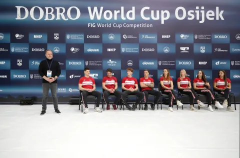 Osijek, 08. 04. 2026., Dvorana Gradski vrt, DOBRO World Cup, DOBRO World Cup 2026, press, konfencija za medije, Vladimir Mađarević; Jakov Vlahek; Marko Jovičić; Mateo Žugec; Aurel Benović; Tijana Korent; Mila Prpić; Sofia Me&scaron;ter; Christina Zwicker SNIMIO BRUNO JOBST