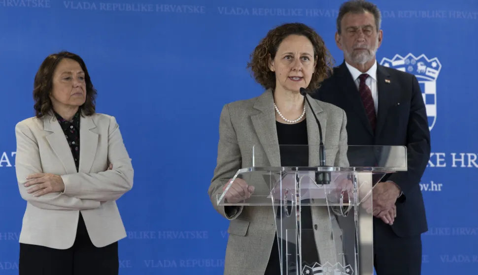 Zagreb, 09.04.2026 - Izjave ministara nakon sjednice Vlade RH. Na fotografiji Nina Koržinek Obuljen, Irena Hrstić, Radovan Fuchs. foto HINA/ Daniel KASAP/ dk