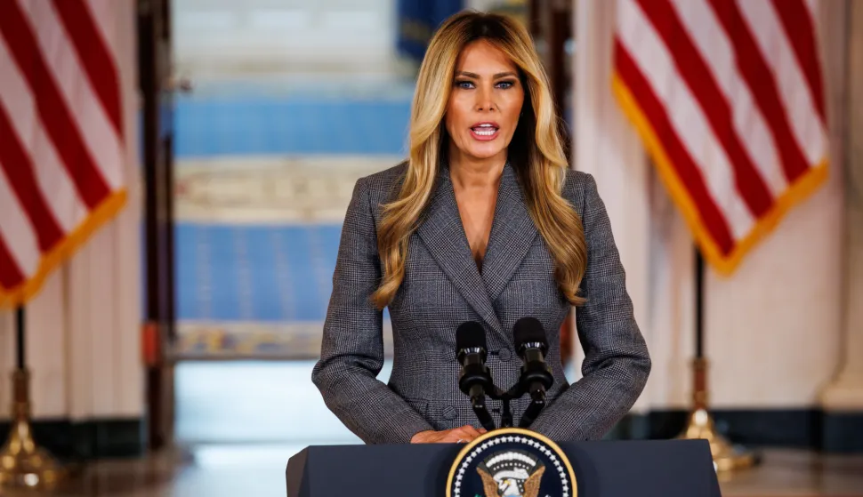First Lady Melania Trump makes a statement denying her involvement with convicted child sex offenders Jeffrey Epstein and Ghislaine Maxwell in the Grand Foyer of the White House on April 9, 2026 in Washington, D.C. The First Lady denied any involvement with Epstein and Maxwell, including rumors that she met her husband President Donald Trump through Epstein, and called on congress to hold a hearing with the Epstein survivors. (Photo by Samuel Corum/ Sipa USA) Photo: Sipa USA/SIPA USA