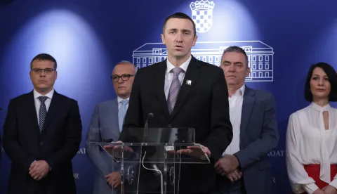 Zagreb, 06.02.2026 - Hrvatski sabor, konferencija za medije Domovinskog pokreta na temu uklanjanja mauzoleja Veselinu &Scaron;o&scaron;kočaninu. foto HINA/ Admir BULJUBA&Scaron;IĆ/ abu