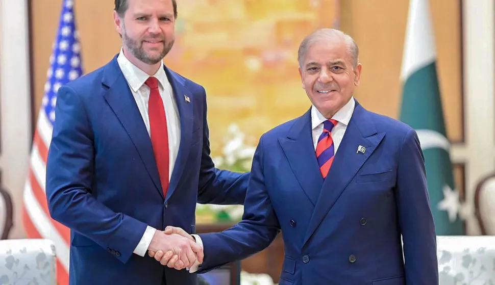 This handout photograph taken and released by Pakistan's Prime Minister Office on April 11, 2026 shows US Vice President JD Vance (L) shaking hands with Pakistan's Prime Minister Shehbaz Sharif during their meeting before US-Iran peace talks in Islamabad. Pakistan Prime Minister Shehbaz Sharif met US Vice President JD Vance in Islamabad on April 11, the former's office said, adding that peace talks to end the Middle East war had "commenced". (Photo by Pakistan's Prime Minister Office/AFP)/RESTRICTED TO EDITORIAL USE - MANDATORY CREDIT "AFP PHOTO /Pakistan's Prime Minister Office/ HANDOUT/" - NO MARKETING NO ADVERTISING CAMPAIGNS - DISTRIBUTED AS A SERVICE TO CLIENTS