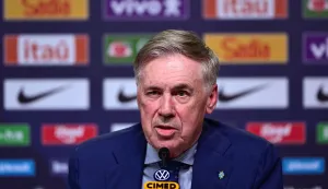 Brazil's national football team coach Italian Carlo Ancelotti speaks during a press conference to announce the squad for the international friendlies against France and Croatia in Rio de Janeiro, Brazil on March 16, 2026. (Photo by Pablo PORCIUNCULA/AFP)