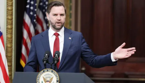 WASHINGTON, DC - APRIL 01: U.S. Vice President JD Vance delivers remarks before swearing in Colin McDonald to be the assistant Attorney General for fraud enforcement at the Department of Justice in the Indian Treaty Room of the Eisenhower Executive Office Building on April 01, 2026 in Washington, DC. McDonald, a longtime federal prosecutor was confirmed by the Senate to lead the new program within the department to investigate fraud in government program. Anna Moneymaker/Getty Images/AFP (Photo by Anna Moneymaker/GETTY IMAGES NORTH AMERICA/Getty Images via AFP)