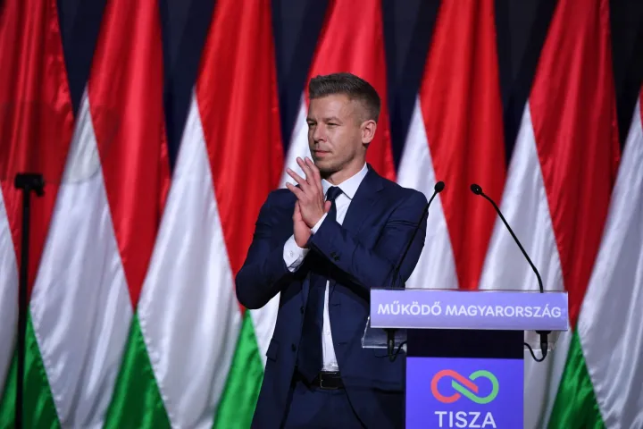 Hungarian opposition leader, head of the TISZA party and candidate for Hungarian Prime Minister Peter Magyar holds a state-of-the-nation speech on February 15, 2026 in Budapest, Hungary. (Photo by Ferenc ISZA/AFP)