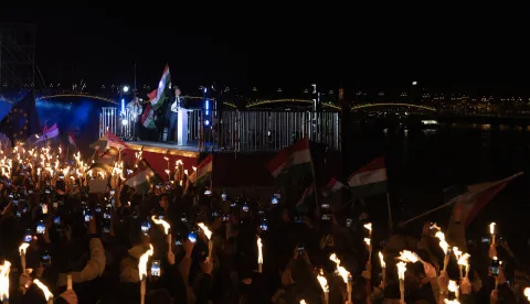 Peter Magyar delivering a speech to his supporters during an election night rally following the Hungarian elections in Budapest, Hungary on April 12, 2026. Photo by Jean-Claude Ndoumbe/ABACAPRESS.COM Photo: NDOUMBE Claude/ABACAPRESS.COM/ABACA