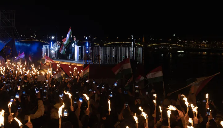 Peter Magyar delivering a speech to his supporters during an election night rally following the Hungarian elections in Budapest, Hungary on April 12, 2026. Photo by Jean-Claude Ndoumbe/ABACAPRESS.COM Photo: NDOUMBE Claude/ABACAPRESS.COM/ABACA
