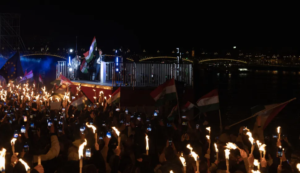 Peter Magyar delivering a speech to his supporters during an election night rally following the Hungarian elections in Budapest, Hungary on April 12, 2026. Photo by Jean-Claude Ndoumbe/ABACAPRESS.COM Photo: NDOUMBE Claude/ABACAPRESS.COM/ABACA
