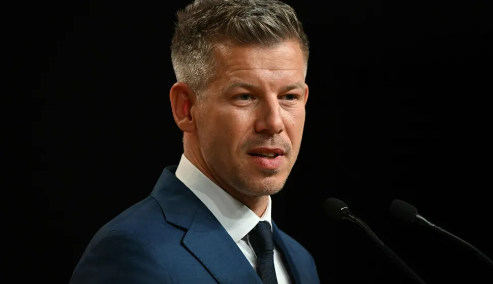 Peter Magyar, election winner and leader of the pro-European conservative TISZA party, delivers a press conference at the HUNGEXPO Congress and Exhibition Center in Budapest, Hungary, on April 13, 2026, one day after Hungarian general elections. The party of conservative Peter Magyar won a two-thirds parliamentary majority in Hungarian elections in a clear defeat for nationalist long-time Prime Minister Viktor Orban, according to near-complete results. (Photo by Attila KISBENEDEK/AFP)