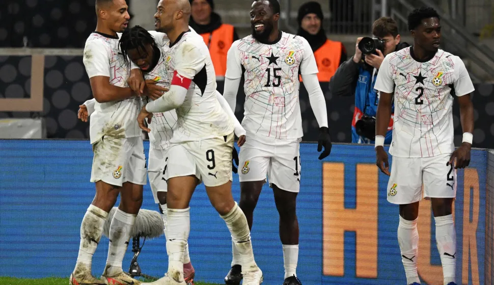 Ghana's players celebrate after Ghana's forward #07 Fatawu Issahaku scored his team's first goal during the international friendly football match between Germany and Ghana in Stuttgart, southwestern Germany on March 30, 2026. (Photo by THOMAS KIENZLE/AFP)