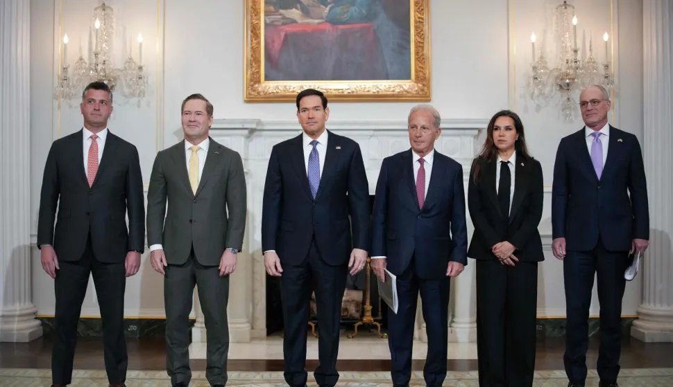 WASHINGTON, DC - APRIL 14: (L-R) Counselor of U.S. State Department Michael Needham, U.S. Ambassador to the United Nations Michael Waltz, U.S. Secretary of State Marco Rubio, U.S. Ambassador to Lebanon Michel Issa, Lebanese Ambassador to the U.S. Nada Hamadeh Moawad and Israeli Ambassador to the U.S. Yechiel Leiter pose for photos during working-level peace talks at the U.S. State Department on April 14, 2026 in Washington, DC. In their first direct diplomatic talks in more than 30 years, Lebanon and Israel are preparing negotiations to potentially end Israel's conflict with the Lebanese militia Hezbollah. Andrew Harnik/Getty Images/AFP (Photo by Andrew Harnik/GETTY IMAGES NORTH AMERICA/Getty Images via AFP)