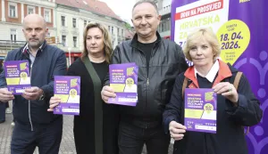 Zagreb, 15.04.2026. - Zavr&scaron;na konferencija za medije vodstva sindikalnih sredi&scaron;njica uoči prosvjeda "Hrvatska zajedno za veće plaće i mirovine". Na fotografiji (D-L) Vi&scaron;nja Stani&scaron;ić, Mladen Novosel, Sanja &Scaron;prem, Dražen Jović. foto HINA/ Lana SLIVAR DOMINIĆ/ lsd