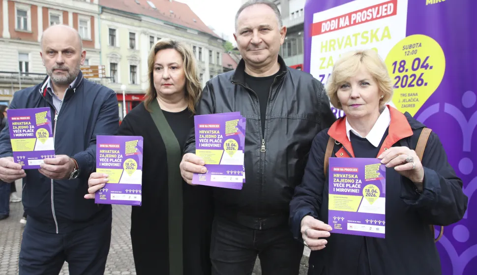 Zagreb, 15.04.2026. - Zavr&scaron;na konferencija za medije vodstva sindikalnih sredi&scaron;njica uoči prosvjeda "Hrvatska zajedno za veće plaće i mirovine". Na fotografiji (D-L) Vi&scaron;nja Stani&scaron;ić, Mladen Novosel, Sanja &Scaron;prem, Dražen Jović. foto HINA/ Lana SLIVAR DOMINIĆ/ lsd