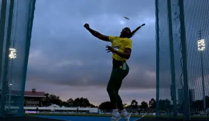 Daisy Osakue of Italy competes in the women's discus event during the Maurie Plant Athletics Meet at the Lakeside Stadium in Melbourne on March 28, 2026. (Photo by William WEST/AFP)/--IMAGE RESTRICTED TO EDITORIAL USE - STRICTLY NO COMMERCIAL USE--