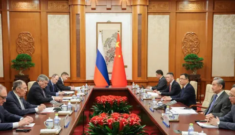 In this handout picture provided by the Russian Foreign Ministry on April 14, 2026, Russian Foreign Minister Sergei Lavrov and Chinese Foreign Minister Wang Yi hold a meeting in Beijing. (Photo by Handout/RUSSIAN FOREIGN MINISTRY/AFP)/RESTRICTED TO EDITORIAL USE - MANDATORY CREDIT "AFP PHOTO/Russian Foreign Ministry" - HANDOUT - NO MARKETING NO ADVERTISING CAMPAIGNS - DISTRIBUTED AS A SERVICE TO CLIENTS