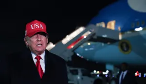 JOINT BASE ANDREWS, MARYLAND - APRIL 12: US President Donald Trump speaks the the media after disembarking from Air Force One on April 12, 2026 at Joint Base Andrews, Maryland. Trump returns to Washington after a weekend in Florida. Tasos Katopodis/Getty Images/AFP (Photo by TASOS KATOPODIS/GETTY IMAGES NORTH AMERICA/Getty Images via AFP)