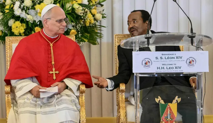 TOPSHOT - Pope Leo XIV (R) meets with Cameroon's President Paul Biya (R) at The Presidential Palace in Yaounde, on the third day of an 11-day apostolic journey to Africa, on April 15, 2026. (Photo by Alberto PIZZOLI/AFP)