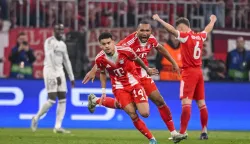 Luis D&iacute;az (FC Bayern M&uuml;nchen) celebrates after scoring his team's third goal with teammates during the UEFA Champions League 2025/26 Quarter-Final Second Leg match between FC Bayern M&uuml;nchen and Real Madrid CF at Football Arena Munich on April 15, 2026 in Munich, Germany. (Photo by Harry Langer/DeFodi Images) Photo: Harry Langer/DeFodi Images/DEFODI