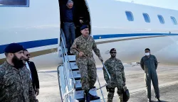 This handout photo taken and provided by the Iranian Foreign Ministry on April 15, 2026 shows Pakistan's Army Chief Asim Munir disembarking from an aircraft upon his arrival at the airport in Tehran. Iranian Foreign Minister Abbas Araghchi welcomed on April 15 a Pakistani delegation led by army chief Munir, days after failed US-Iran talks in Islamabad to end the Middle East war. (Photo by Iranian Foreign Ministry/AFP)/RESTRICTED TO EDITORIAL USE - MANDATORY CREDIT "AFP PHOTO/Iranian Foreign Ministry" - HANDOUT - NO MARKETING NO ADVERTISING CAMPAIGNS - DISTRIBUTED AS A SERVICE TO CLIENTS