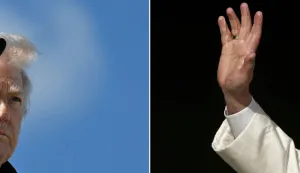 (COMBO) This combination of file pictures created on April 13, 2026 shows US President Donald Trump waving as he boards Air Force One at Dover Air Force Base after attending a dignified transfer solemn event in Dover, Delaware, on March 18, 2026 (L) and Pope Leo XIV waving as he arrives to lead a Holy Mass at the Louis II Stadium in Monaco, on March 28, 2026 (R). Pope Leo XIV said on April 13, 2026 that he had "a moral duty" to speak out against war and didn't "fear" US President Donald Trump after the US leader criticised his calls for an end to the conflict in the Middle East. Before taking off from Rome headed to Algiers for a papal visit, the pontiff came under fire from Trump, who railed against Leo's recent comments calling for peace with the Middle East grappling with the war triggered by a joint Israel-US attack on Iran in late February. (Photo by Jim WATSON and Thibaud MORITZ/AFP)