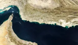 (FILES) This handout natural-colour image acquired with MODIS on NASA?s Terra satellite taken on February 5, 2025 shows the Gulf of Oman and the Makran region (C) in southern Iran and southwestern Pakistan, and the Strait of Hormuz (L) and the northern coast of Oman (bottom). The US military said it would begin a blockade of all Iranian ports on April 13, 2026, after talks between the warring sides in Pakistan collapsed with the US President blaming Iran's refusal to abandon its nuclear ambitions. (Photo by NASA Earth Observatory/AFP)/RESTRICTED TO EDITORIAL USE - MANDATORY CREDIT "AFP PHOTO/NASA)" - NO MARKETING NO ADVERTISING CAMPAIGNS - DISTRIBUTED AS A SERVICE TO CLIENTS
