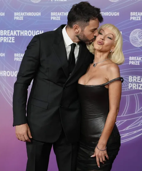 (L-R) Matthew Rutler and Christina Aguilera at the 12th Breakthrough Prize Ceremony held at the Santa Monica Barker Hangar in Santa Monica, CA on Saturday, ​April 18, 2026. (Photo By Sthanlee B. Mirador/Sipa USA) Photo: Sipa USA/SIPA USA