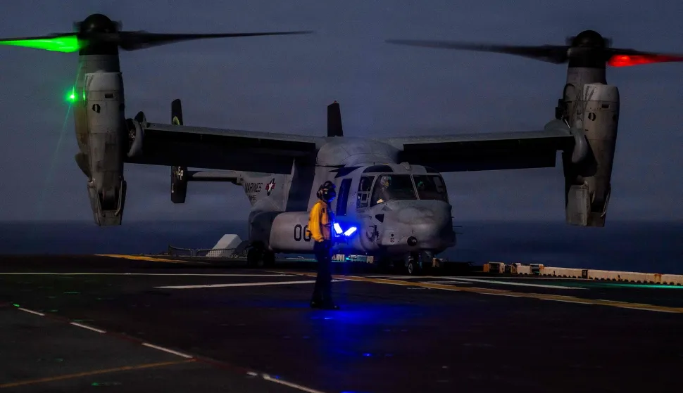 A US Air Force handout photo released by US Central Command public affairs shows an MV-22 Osprey preparing to take off on the flight deck of America-class amphibious assault ship USS Tripoli (LHA 7) during Operation Epic Fury on April 2, 2026. The US military said it would begin a blockade of all Iranian ports on April 13, 2026 after talks between the warring sides in Pakistan collapsed with President Donald Trump blaming the Islamic republic's refusal to abandon its nuclear ambitions. (Photo by Handout/US AIR FORCE/AFP)/RESTRICTED TO EDITORIAL USE - MANDATORY CREDIT "AFP PHOTO/US AIR FORCE" - HANDOUT - NO MARKETING NO ADVERTISING CAMPAIGNS - DISTRIBUTED AS A SERVICE TO CLIENTS