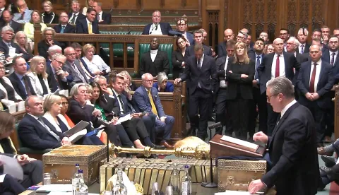 In this video grab taken from footage broadcast by the UK Parliamentary Recording Unit (PRU) via the Parliament TV website on April 20, 2026, Britain's Prime Minister Keir Starmer (R) makes a statement on the vetting procedure undertaken for the former UK ambassador to the United States, Peter Mandelson. (Photo by PRU/AFP)/RESTRICTED TO EDITORIAL USE - NO USE FOR ENTERTAINMENT, SATIRICAL, ADVERTISING PURPOSES - MANDATORY CREDIT " AFP PHOTO/PRU "