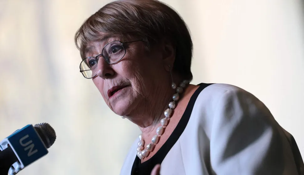 NEW YORK, NEW YORK - APRIL 21: Former Chilean President Michelle Bachelet speaks to members of the media after an informal dialogue for the candidacy position of the next Secretary-General at the United Nations headquarters on April 21, 2026 in New York City. The four candidates to be the next secretary-general of the United Nations will be auditioning to replace outgoing UN Secretary-General Ant?nio Guterres. Michael M. Santiago/Getty Images/AFP (Photo by Michael M. Santiago/GETTY IMAGES NORTH AMERICA/Getty Images via AFP)