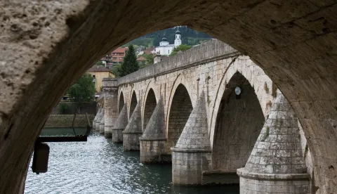 ** FILE ** The Mehmed Pasha Sokolovic bridge over the Drina river in the east Bosnian town of Visegrad is seen in this July 25, 2007 file photo. UNESCO Director Koichiro Matsuura said Tuesday, March 25, 2008 his organization recognized the "outstanding universal value" of a 16th century Ottoman bridge in Bosnia which is officially now on the UNESCO World Heritage List. (AP Photo/Amel Emric, file)