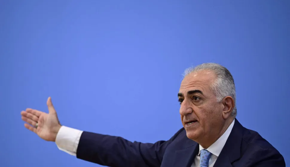 The son of Iran's last shah, exiled Crown Prince Reza Pahlavi, holds a press conference at the BPK (Bundespressekonferenz) building in Berlin, on April 23, 2026. (Photo by John MACDOUGALL/AFP)