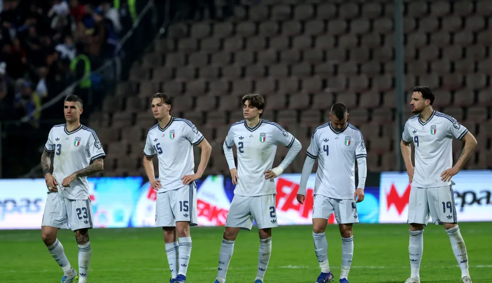 31.03.2026., stadion Bilino Polje, Zenica, Bosna i Hercegovina - Finalna utakmica doigravanja za plasman na FIFA Svjetsko prvenstvo 2026. izmedju Bosne i Hercegovine i Italije. Gianluca Mancini, Pio Esposito, Marco Palestra, Leonardo Spinazzola i Federico Gatti Photo: Armin Durgut/PIXSELL