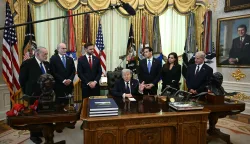 (L-R) US Ambassador to Israel Mike Huckabee, Israel Ambassador to US Yechiel Leiter, US Vice President JD Vance, US Secretary of State Marco Rubio, Lebanon Ambassador to the US Nada Hamadeh Moawad and US ambassador to Lebanon Michel Issa listen as US President Donald Trump speaks during a meeting with Lebanon Ambassador to the US and Israel Ambassador to the US, at the White House in Washington, DC on April 23, 2026. US President Donald Trump met Lebanese and Israeli envoys at a new round of peace talks Thursday, with Beirut seeking a one-month extension of a shaky ceasefire set to expire. (Photo by Brendan SMIALOWSKI/AFP)