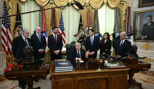 (L-R) US Ambassador to Israel Mike Huckabee, Israel Ambassador to US Yechiel Leiter, US Vice President JD Vance, US Secretary of State Marco Rubio, Lebanon Ambassador to the US Nada Hamadeh Moawad and US ambassador to Lebanon Michel Issa listen as US President Donald Trump speaks during a meeting with Lebanon Ambassador to the US and Israel Ambassador to the US, at the White House in Washington, DC on April 23, 2026. US President Donald Trump met Lebanese and Israeli envoys at a new round of peace talks Thursday, with Beirut seeking a one-month extension of a shaky ceasefire set to expire. (Photo by Brendan SMIALOWSKI/AFP)