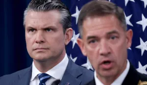 ARLINGTON, VIRGINIA - APRIL 16: U.S. Secretary of War Pete Hegseth listens as Adm. Brad Cooper, the leader of U.S. Central Command, speaks during a press briefing at the Pentagon on April 16, 2026 in Arlington, Virginia. The two spoke about the war between the United States and Israel against Iran as negotiations continue toward a longer-term agreement between the countries. Alex Wong/Getty Images/AFP (Photo by ALEX WONG/GETTY IMAGES NORTH AMERICA/Getty Images via AFP)