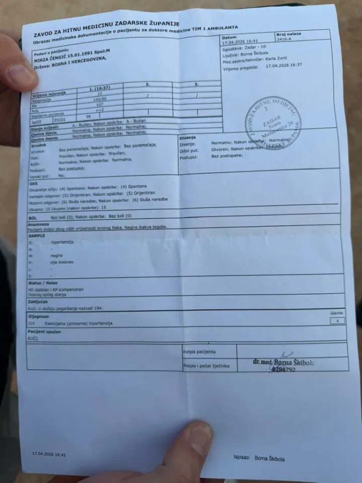 Mirza Čengić, 35-godi&scaron;nji državljanin Bosne i Hercegovine, koji se 17. travnja, kolegama na poslu požalio na trnjenje ruke i lijeve strane tijela, preminuo je niti dvadeset minuta nakon &scaron;to su mu u Zavodu za hitnu medicinu Zadarske županije (ZHMZŽ) izmjerili tlak, ocijenili da nije vitalno ugrožen i da ne zahtijeva hitno bolničko zbrinjavanje te mu savjetovali da se javi liječniku ako se stanje ne popravi nakon vikenda.