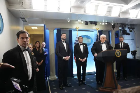 First lady Melania Trump looks on as United States President Donald J Trump makes remarks after shots were fired at the Washington Hilton Hotel in Washington, DC as the President and first lady Melania Trump attended the White House Correspondents' Association Dinner. Photo by Yuri Gripas/Pool/Sipa USA Photo: Sipa USA/SIPA USA
