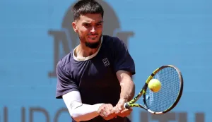 Croatia?s Dino Prizmic returns the ball to US Ben Shelton during their 2026 ATP Tour Madrid Open tennis tournament second round singles match at the Caja Magica in Madrid, on April 24, 2026. (Photo by Thomas COEX/AFP)