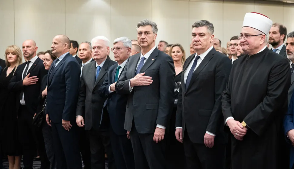 27.04.2026., Hotel Sheraton, Zagreb &ndash; Predsjednik Republike Hrvatske Zoran Milanovic i predsjednik Vlade RH Andrej Plenkovic sudjeluju na obiljezavanju 110. obljetnice priznanja ravnopravnosti islama s drugim religijama u Hrvatskoj. Photo: Luka Antunac/PIXSELL