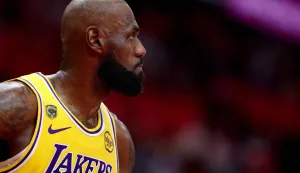 HOUSTON, TEXAS - APRIL 24: LeBron James #23 of the Los Angeles Lakers looks on during the first quarter of the game against the Houston Rockets at Toyota Center on April 24, 2026 in Houston, Texas. NOTE TO USER: User expressly acknowledges and agrees that, by downloading and or using this photograph, User is consenting to the terms and conditions of the Getty Images License Agreement. Kenneth Richmond/Getty Images/AFP (Photo by Kenneth Richmond/GETTY IMAGES NORTH AMERICA/Getty Images via AFP)